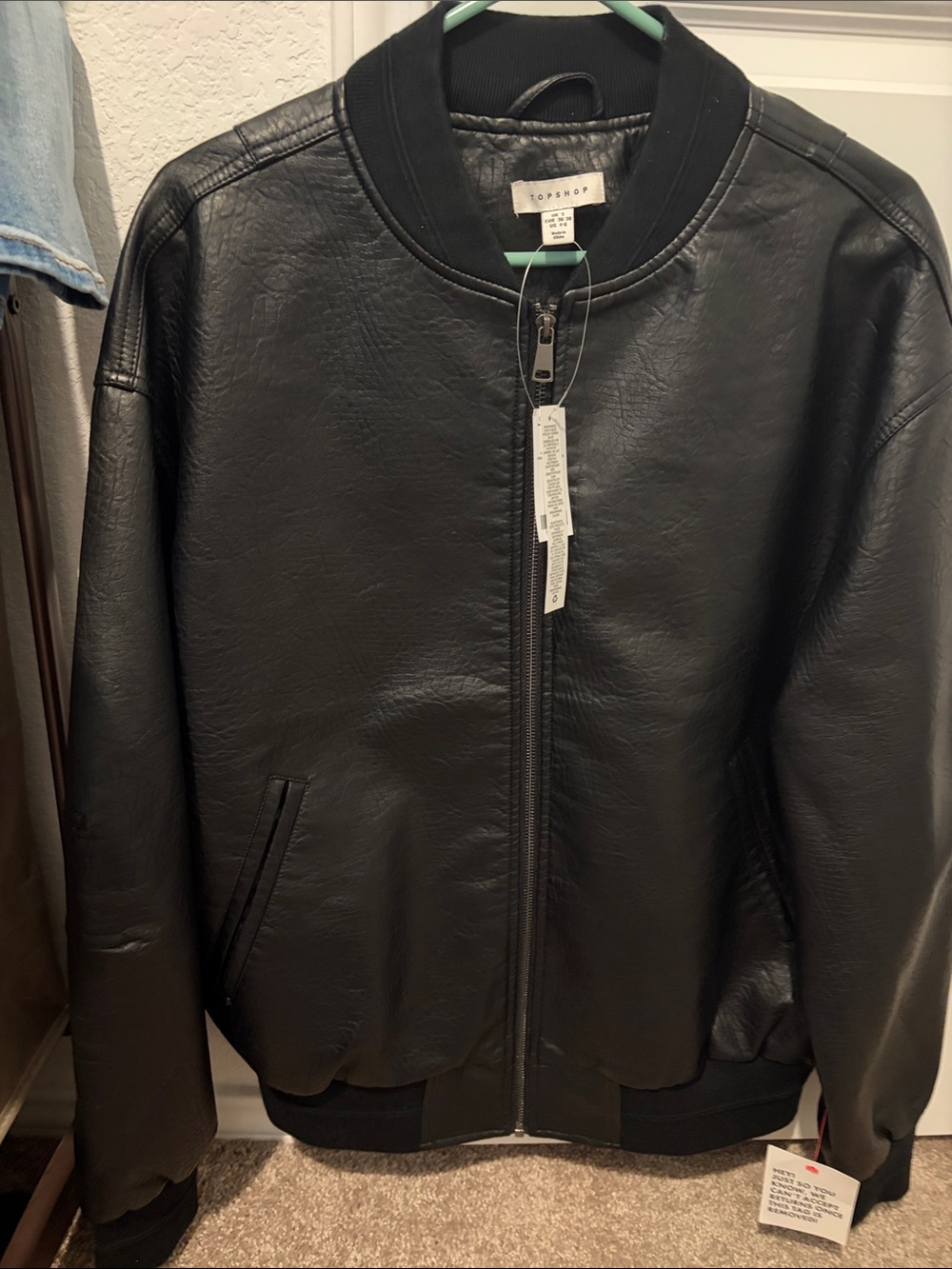 Topshop Black Faux Leather Bomber Jacket with Ribbed Trim